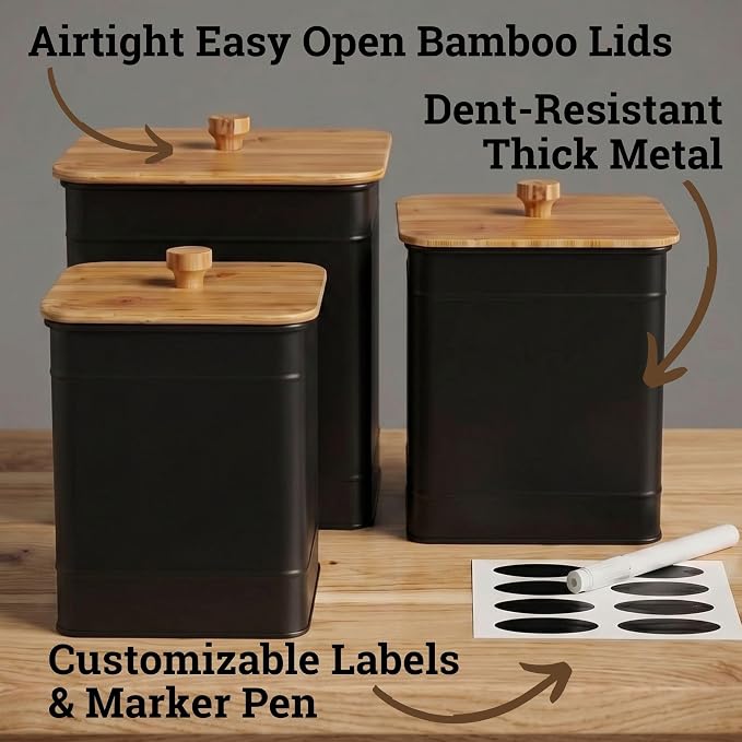 Kitchen Canisters for Countertop Set of 3 w/ Chalkboard Labels & Marker Pen | Airtight Easy Open Bamboo Lids, Dent-Resistant Thick Metal, Customizable Chalkboard Labels, Marker Pen Included, Set of 3