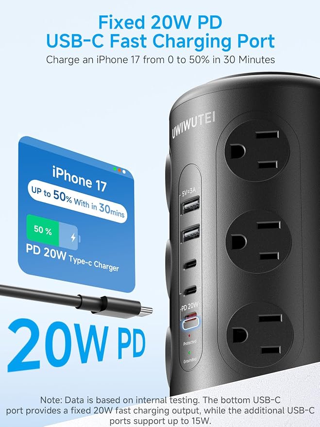 Tower Power Strip with 1 Dedicated PD 20W Fast-Charging Port, 12 Outlets, 5 USB Ports (3 USB-C), Desk Charging Station for Multiple Devices, 6FT Extension Cord（Black