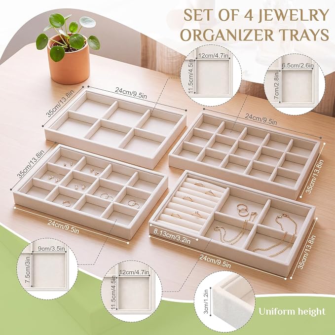 Unittype Set of 4 Stackable Jewelry Organizer Tray for Drawer Inserts Velvet Necklace Earring Bracelet Ring Holder Jewelry Display Storage Box for Bangle Stud Necklace Ring(Mixed Styles,Beige)