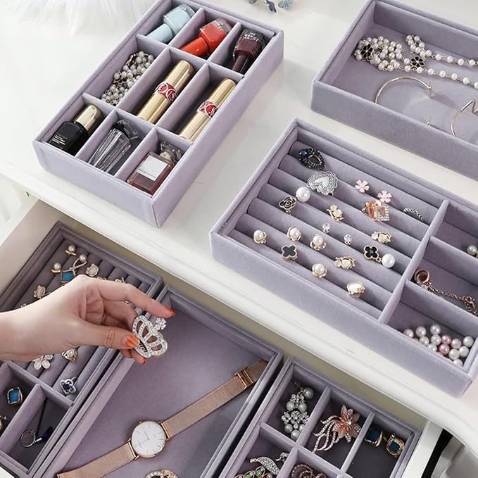 yarlung 8 Pack Velvet Jewelry Trays, Drawer Insert Jewelry Organizer Earring and Ring Storage, Divided Jewelry Holder for Bracelet Display, Necklace, Brooch, Watch