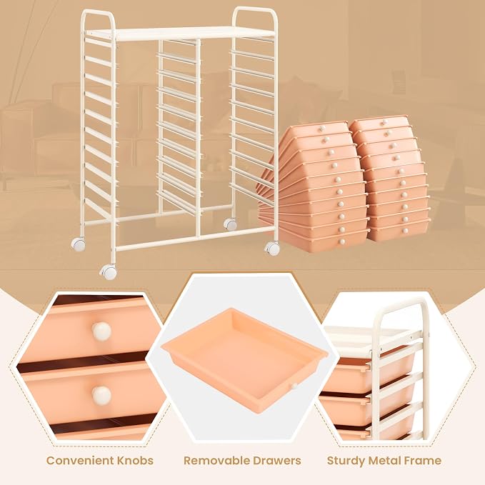 LDAILY 20-Drawer Rolling Storage Cart, Rolling Storage Cart, Storage Organizer on Wheels, Metal Frame, Scrapbook Paper Tools, Suitable for Office School, Classroom (Peach, 20 Drawer)