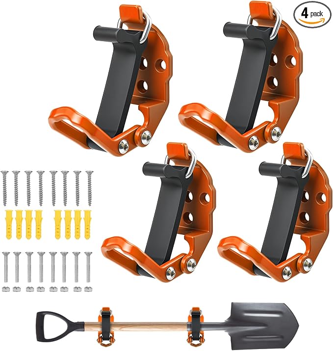 4 Pack Shovel Holder Wall Mount for Truck & Trailer, Adjustable Rubber-Coated Clamp for Shovel, Broom & Rake,Axe (0.6"–1.43"), Tool Holder for Overlanding, Off-Road, Work Truck & Garage,Orange