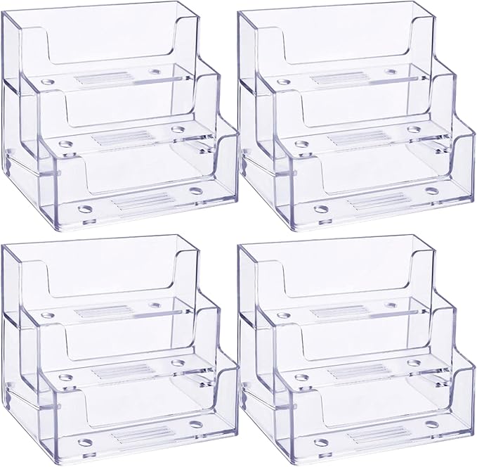 TecUnite 4 Pieces Business Card Holder for Desk 3 Tiers Clear Acrylic Stand for Business Card Organizer Storage Holder Display for Office and Company, 180 Cards Capacity
