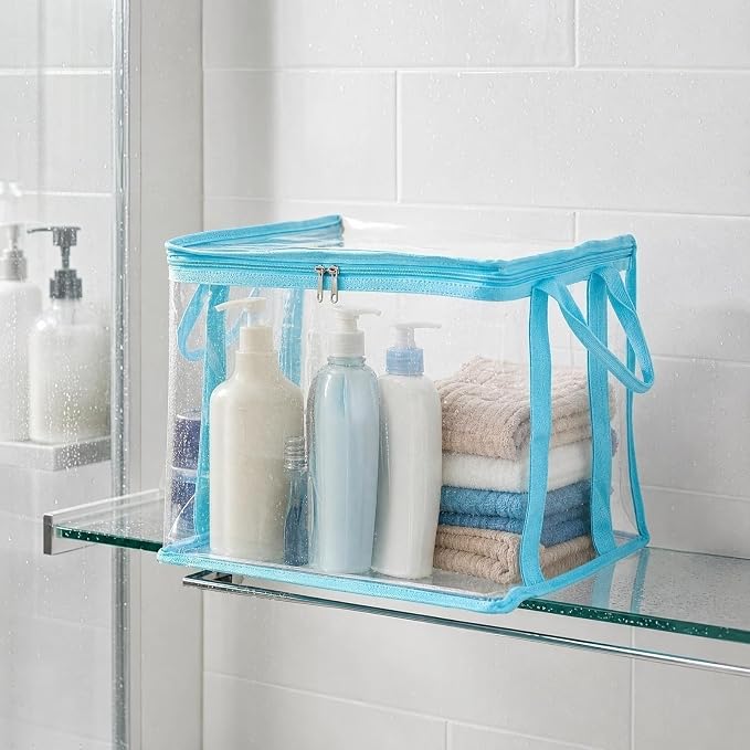 Large Clear Thick Plastic Storage Box with Hinged Lid, Heavy-Duty Durable High Capacity Organizer, Foldable Storage Box,Perfect for Home, Camping, Travel, Attic & Moving (Blue-L-2)