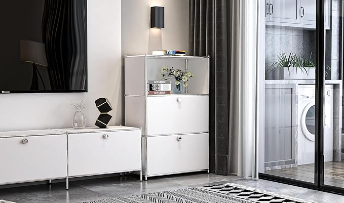 Metal Shelf with 2 Flap Doors, Large Capacity Cabinet,DIY Modern Home Furnishing,Perfect for Home, Office, Kitchen, Hallway,Foyer (White)