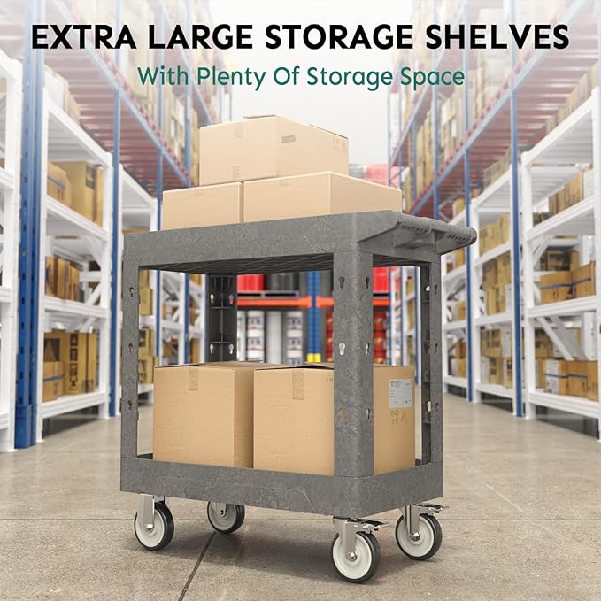 Plastic Utility Cart on Wheels, 34 x 17 Inch Rolling Service Cart-Gray | 2 Shelf Work Carts, 500 lbs Capacity Heavy Duty Tool Cart W/Tub Storage & Deep Shelve, for Warehouse, Garage, Cleaning