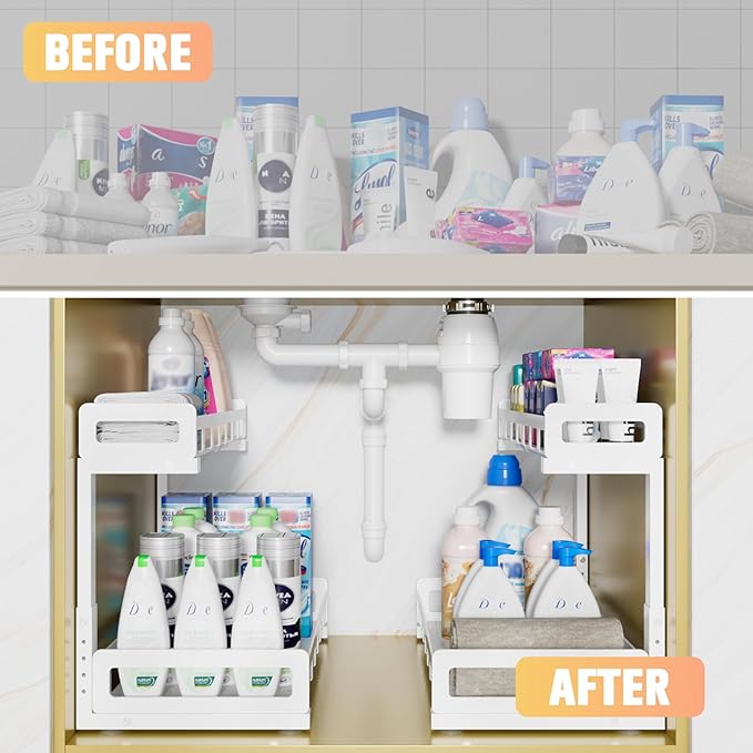 Under Sink Organizer 2 Pack, Metal Large Capacity 2-Tier Sliding Cabinet Storage Rack, Heavy-Duty Rust-Resistant Steel Frame, Holds 50 lbs Each, Adjustable Height 12–16", 14"D x 11"W for Home, White