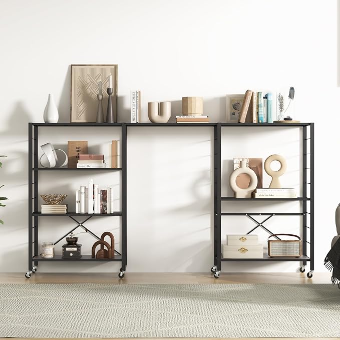 Giantex 4-Tier Folding Storage Shelf, Collapsible Shelving Unit w/Lockable Wheels & Adjustable Shelf, Heavy-Duty Storage Organizer on Wheels, Storage Rack for Tool Room, Garage, Kitchen, Living Room