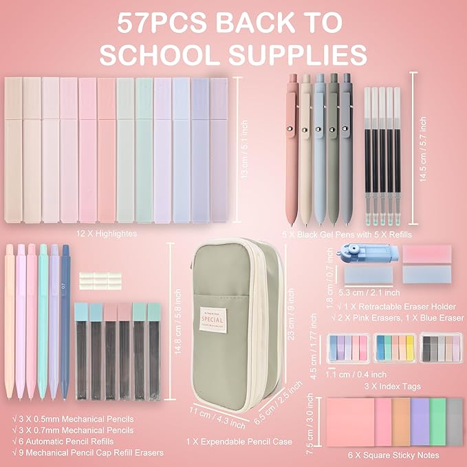 Aesthetic School Supplies with Pencil Pouch - 57 Pcs Cute College Essentials Set, Big Capacity Pen Case, Eraser Holder, Pastel Highlighters, Bible Study Journaling Stationary Kit for Girls Teens