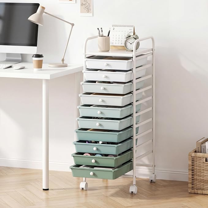 GOFLAME 10-Drawer Rolling Storage Drawer Cart, Utility Cart with Removable Drawers & Metal Frame, Mobile Art Craft Drawer Cart with Lockable Wheels for Home, Office, Studio, School, Green Gradient