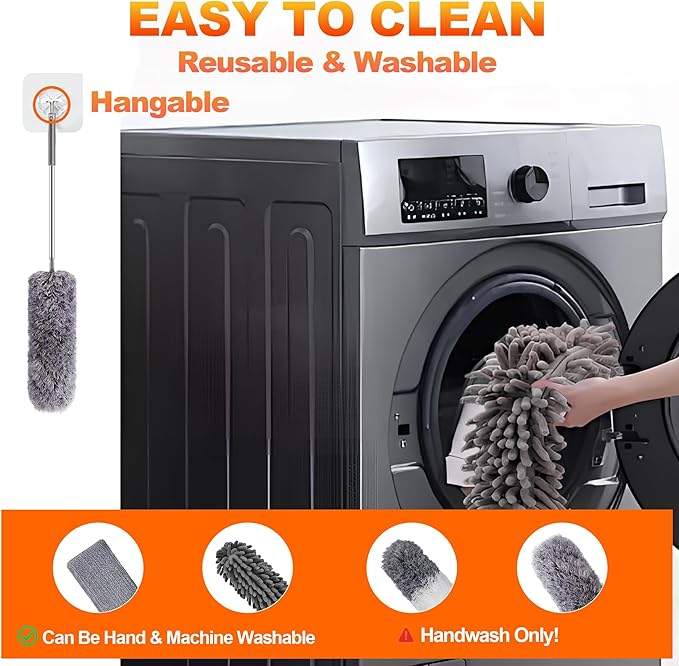 Professional Microfibre Dusters for Cleaning | Duster with Extension 100" | Cobweb Remover Duster Kit with 4 Washable Heads | Bendable Feather Duster for High Ceilings,Fans & Hard-to-Reach Areas,9PCS
