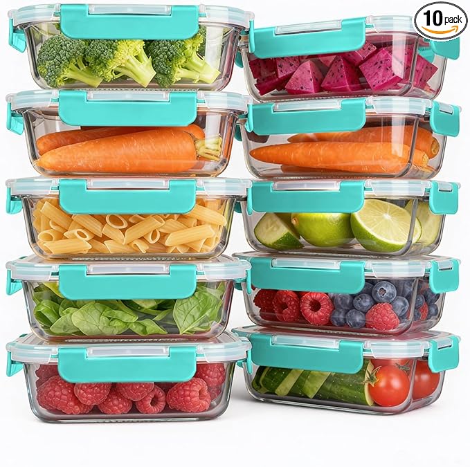 KAMOTA Glass Food Storage Containers, 10 Pack Glass Meal Prep Containers, Airtight Containers with Snap-Lock Lids, 22 oz Green Container Set with Lids, for Microwave/Oven/Freezer/Dishwasher