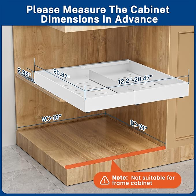 2 Pack Pull Out Cabinet Organizer Expandable Width(12.2"-20.47") & 21"Deep, Insputer No Drill Adhesive Slide Out Drawers with Upgrade 3 Slide Rails, Magnetic Panel, Roll Out Shelf for Kitchen, Pantry