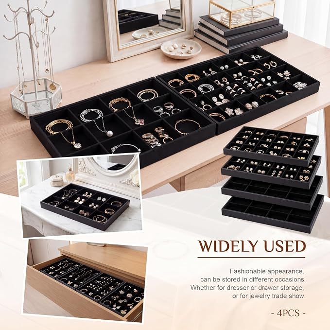 Unittype Set of 4 Stackable Jewelry Organizer Tray for Drawer Inserts Velvet Necklace Earring Bracelet Ring Holder Jewelry Display Storage Box for Bangle Stud Necklace Ring(24+12 Grid,Black)