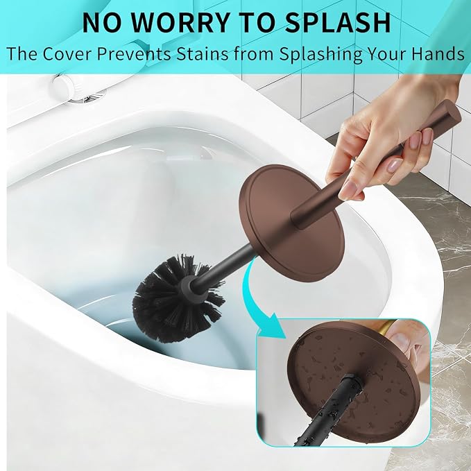 Bronze Toilet Brush and Holder Set,304 Stainless Steel Toilet Brush for Bathroom with Long Handle, Heavy Duty Toilet Bowl Brush,Removable Inner Bowl and Splash Protection,Deep Cleaning