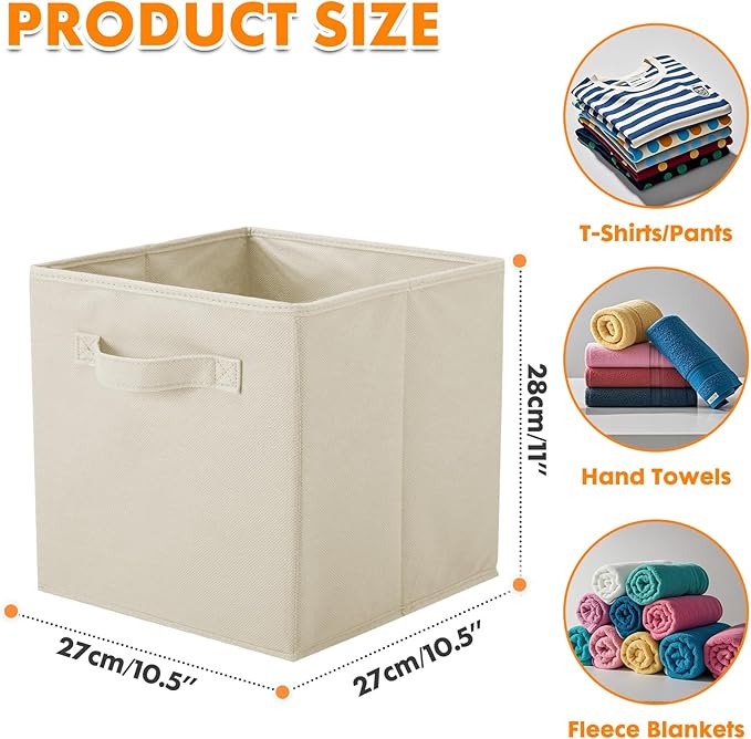 PowerKing Collapsible Storage Cubes, Farbic Storage Bins, Cream, 2 Pack | Sturdy, Lightweight, Easy Pull Handle, Closet & Shelf Organizer, Clothes and Toys Storage, 10.5'' x 11'' x 10.5''