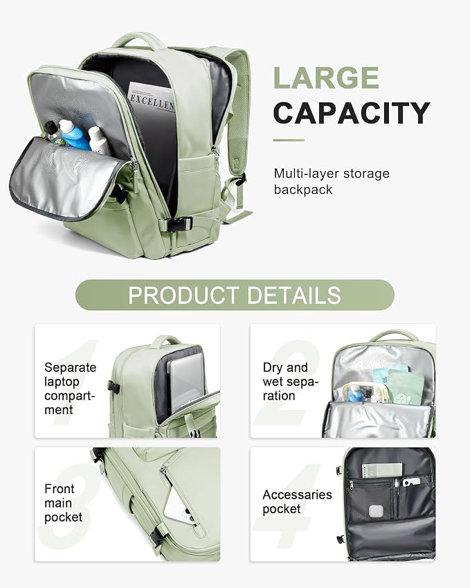 Travel Backpack Women,Carry On Backpack Flight Approved 18x14x8 inches Bag Spirit Airlines Personal ltem,College Sports Hiking Rucksack Waterproof Outdoor Casual Daypack Laptop Blackpack,MintGreen
