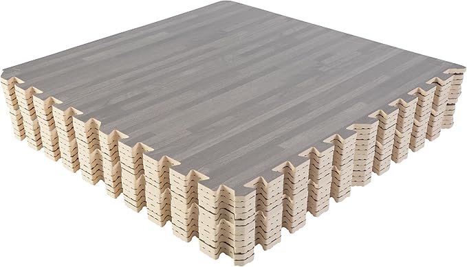 EVA Foam Floor Tiles 12-Pack - 48 SQFT Woodgrain Puzzle Mats for Floor - Interlocking Foam Tiles for Family Room or Gym Flooring by Stalwart (Gray)