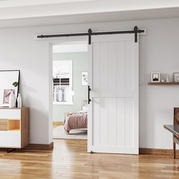 36''x84'' Sliding Barn Door with 6.6 Ft Barn Door Hardware Kit | Fits 32-34''W Openings, Pre-Drilled Holes Easy Assembly-Waterproof PVC Surface, H-Frame, White