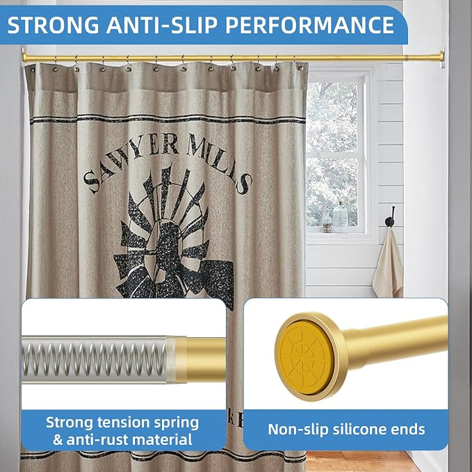 CorkLatta Gold Shower Curtain Rod,1 Inch Diameter Stainless Steel Adjustable Spring Tension Rods 32 to 68",with Holders,Anti-Slip,Curtain Rods No Drilling(1 Pack)
