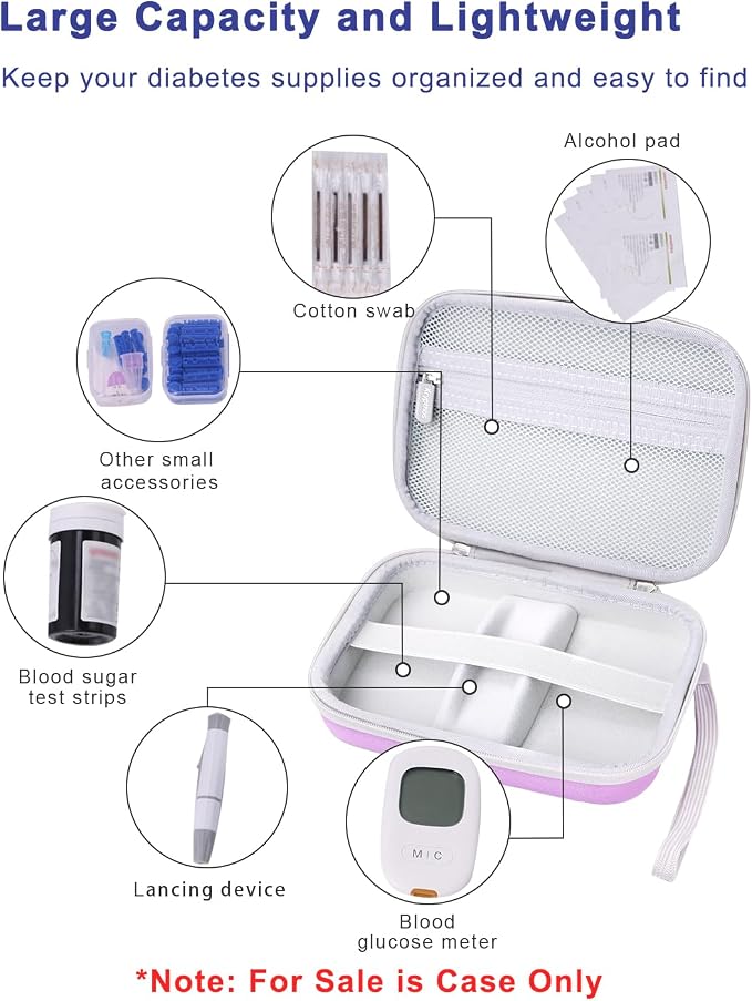 Krypthos Diabetic Supplies Travel Case, Carrying Case for Diabetes Blood Glucose Meter, Portable Diabetes Testing Kit Storage Organizer Bag for Blood Sugar Test Strips, Lancets, Lancing Device-Violet | Krypthos Portable Diabetes Testing Kit Storage Org...