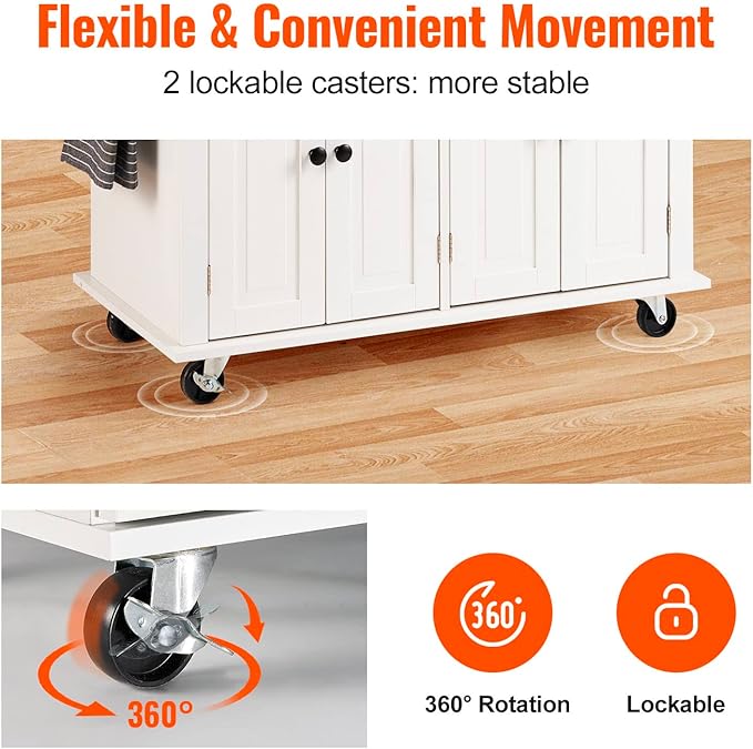 VEVOR Kitchen Island Cart with Solid Wood Top, 35.4" Width Mobile Carts with Storage Cabinet, Rolling Kitchen Table with Spice Rack, Towel Rack, and Drawer, Portable Islands on Wheels, White | Rolling Kitchen Table with Storage Cabinet, Spice Rack, Tow...