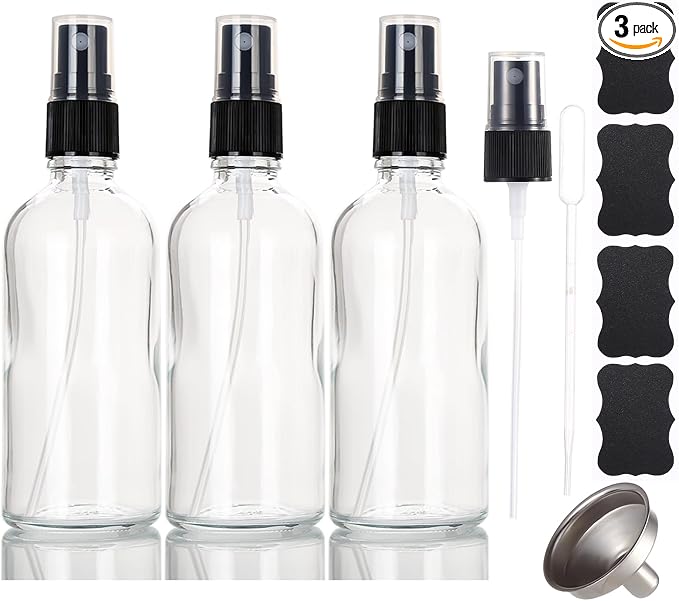 3.4 oz Glass Spray Bottles,Empty Fine Mist Refillable Travel Spray Bottle for Cleaning,Perfume,Aromatherapy,Cosmetic Sprays,Hair,Essential Oils with Fine Mist Dispenser（3 Pack）