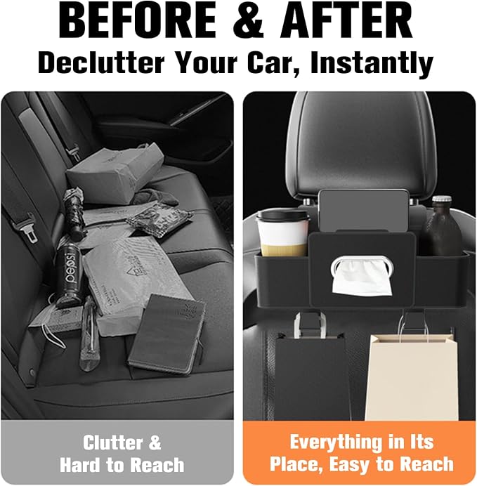 4 in 1 Multifunctional Back Seat Car Organizer, Hanging Storage Box with Cup Holder and Tissue Box for Phone, Drinks, Handbag - Universal for SUV, Truck, Van