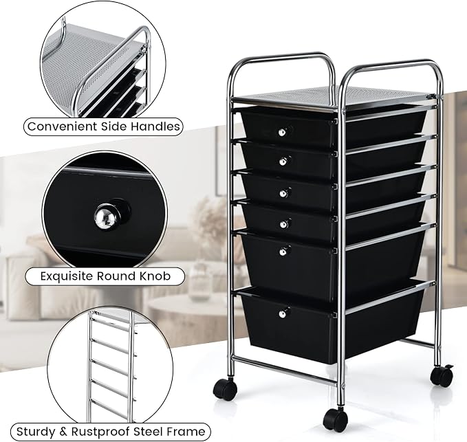 DREAMADE Rolling Cart with Storage Drawers, Utility Cart with Removable Plastic Drawers, Lockable Wheels, Art Cart for Classroom Organization Art Supplies Office Scrapbook (6 Drawers, Black)