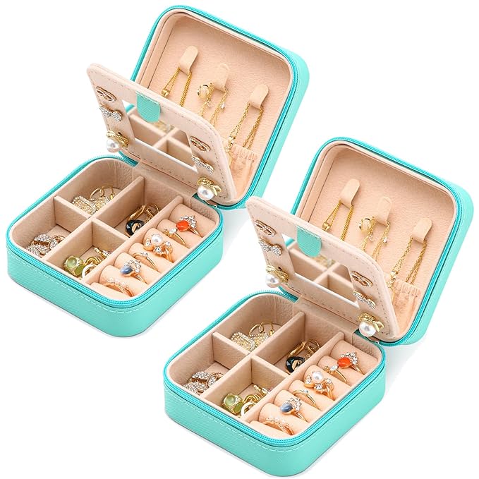 Neveika Jewelry Box with Mirror,Small Jewelry Organizer Box，Travel Jewelry Case for Women，Gift Jewelry Boxes for Female Girls (2pcs mirror blue)