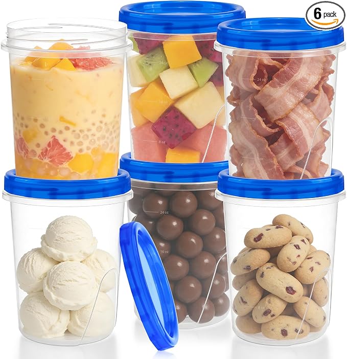 6 Pack Freezer Containers with Screw On Lids, 32 Oz Stackable Reusable Plastic Storage Container, Airtight Plastic Food Storage Containers with Twist Top Lids for Food Soup Jello Sauce