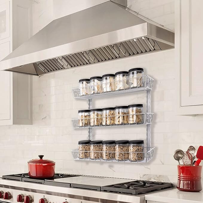 SWOMMOLY Adjustable Wall Mount Spice Rack, 3-Tier Dual-use (Multi-use) Organizer, Silver