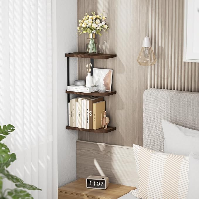 Love-KANKEI Corner Wall Shelf 3 Tier,Solid Wood with Bracket,17"Tall,Walnut | Floating Wall Shelves,Easy to Install,Capacity 26 Lbs,For Bedroom Living Room Bathroom Kitchen Office Display,Wall Decor