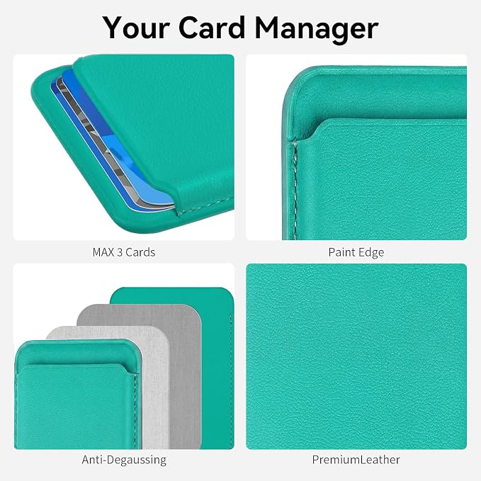 Magnetic Wallet Phone Card Holder for Phone Case with Mag-Safe, Stronger Magnetic RFID Leather Phone Wallet Stick on Series of iPhone 17/16/15/14/13/12 and Pro/Promax, Turquoise