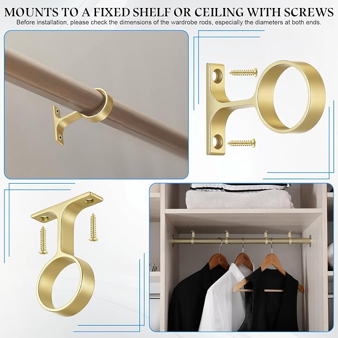 LEIFIDE 4 Pcs 1 5/16 Inch Diameter Round Wardrobe Closet Rod Suspended Center Support with Installation Screws Curtain Closet Rod Ceiling Mount Bracket for Home Wardrobe (Matte Brass)