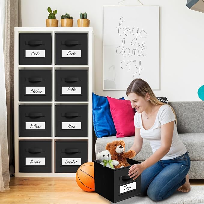 Teenyyou 10 Pack Fabric Storage Cubes 11 Inch Collapsible Cube Bins with Label Window & Handle Foldable Organizers Baskets for Shelf Closet Nursery Kids Room Clothes Book Toy(Black)
