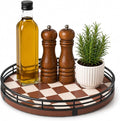 Brown Checkered Lazy Susan Organizer, 9 Inch Rotating Spice Rack with Black Metal Rail, Wood Turntable Tray for Kitchen Countertop, Cabinet, Condiments, Oil Bottles and Coffee Bar