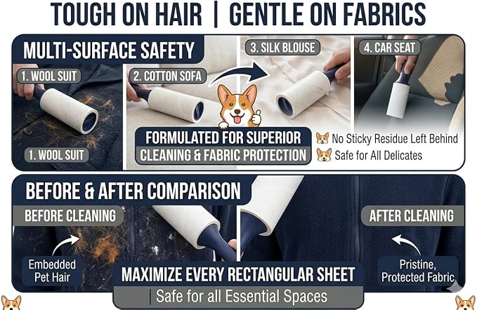 Extra Sticky Lint Roller, 4-Pack 400 Sheets, Pet Hair | Extra Sticky | Dog Hair | Straight-Cut Sheets | Navy Ergonomic Handles | Clothes | Furniture | Car Seats | 4 Complete Rollers