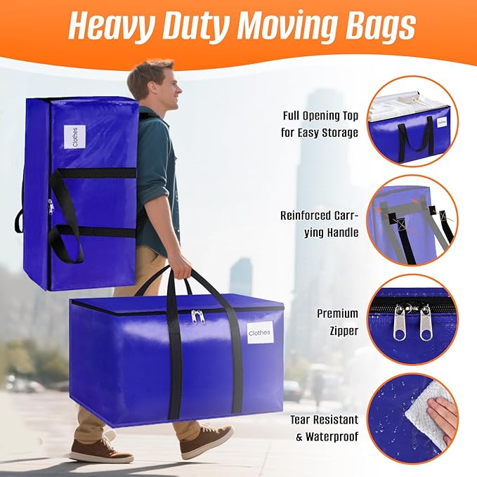FabSpace 8-Pack Moving Bags with Backpack Straps & Carry Handles, 25 Gallons-93 L Heavy Duty Storage Totes for Space Saving, Foldable Storage Bags for College Dorm, Travel, Camping (Blue)