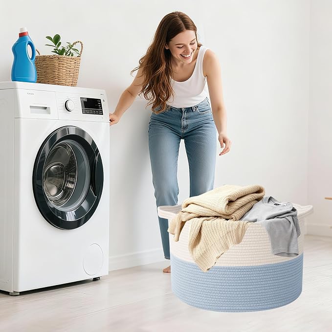 65L Extra Large Woven Cotton Rope Blanket Basket with Handles, Laundry Hamper Storage Bin for Pillows, Comforters,Clothes, Toys, Nursery, Bedroom and Living Room Organization,White&Blue