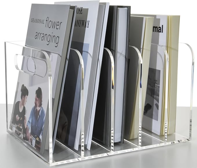 Clear Acrylic Organizers - 5 Vertical Compartments Acrylic Folder Organizer & File Organizer, Desk Document Storage Bins for Magazines, Binders - Multipurpose Home Office Desk Organizer