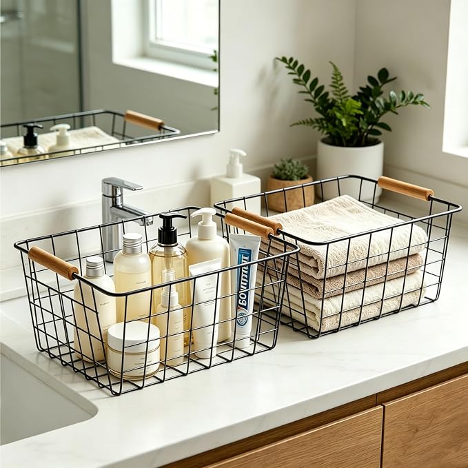 4 Pack Black Metal Wire Storage Baskets, Pantry Baskets for Organizing, Wire Food Storage Basket Organizer with Wooden Handles for Kitchen, Pantry, Freezer - 29 x 22 x 12cm