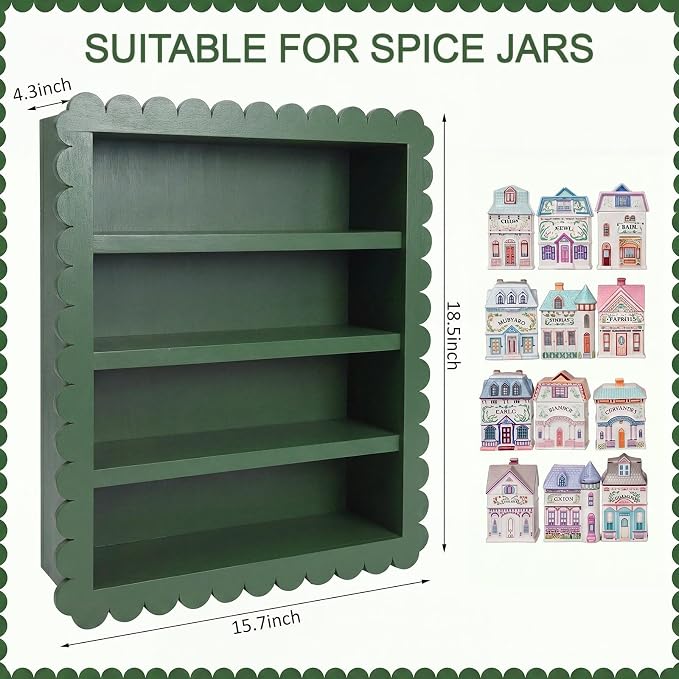 Chunful Spice Jar Wooden Rack Dark Green Scalloped Spice Shelf for 24 Jars, Village Style Wall Mounting Kitchen Storage Decorative Hanging Display Rack, Shelf Only
