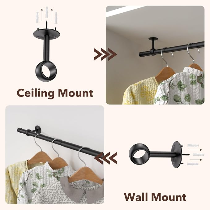 SUTINE Closet Rod, Closet Rods for Hanging Clothes, 17 to 67 inch Adjustable Ceiling/Wall mounted Closet Hanging Rod, Heavy Duty Clothes Rod Clothing Bar, Closet Poles for Hanging Clothes for Wardrobe
