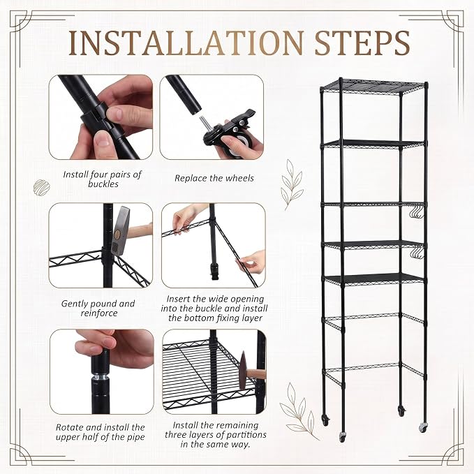 5tier over Fridge Shelf for Dorm with Wheels 90.5 Tall Fridge Shelf Black | Adjustable Height Storage Shelf Metal Rack Hooks PP Shelf Liners Anti Tip Kits for Dorm Kitchen Laundry College Pantry