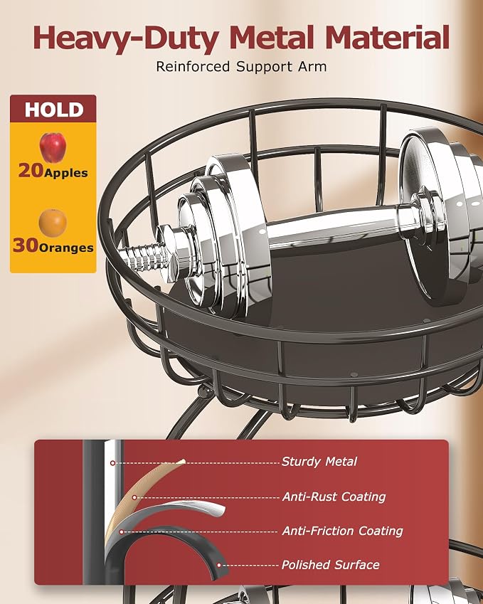 Sevenblue 2 Tier Modern Fruit Basket for Kitchen Counter with 2 Banana Hook | Space-Saving Vertical Storage for Veggies, Bread, Snacks, Fits Under Cabinets, Includes Protective Mats to Prevent Bruising