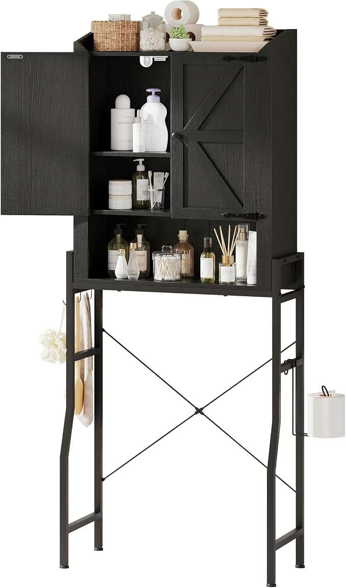 Memobarco Over The Toilet Storage Cabinet with 2-Door & Metal Stand, Black | Toilet Paper Holder, 3 Extra Hooks, Anti-Tipping Device, With Adjustable Shelves, for Bathroom, Restroom, Laundry