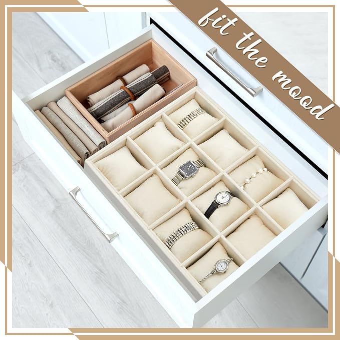 Henoyso 2 Pieces 12 Grid Velvet Watch Tray Jewelry Organizer Stackable Watch Bracelet Bangle Display Holder Adjustable Pillow(Beige)