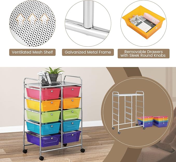 COSTWAY 10 Drawer Rolling Storage Cart, Utility Cart with Lockable Wheels | Mobile Art Supply Craft Organizer with Metal Frame, Multipurpose Drawer Cart for Paper for Office, School, Rainbow