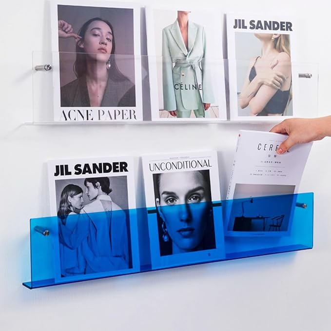 ROYALITA 2-Pack Acrylic Magazine Holder Brochure Holder, Blue 17 Inch | Record Magazine Rack, Fashion Floating Bookshelf, Literature Storage Rack for Waiting Room, Living Room, Office